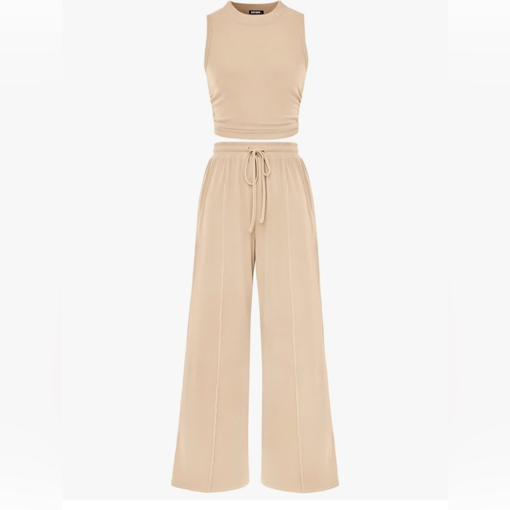 Sleeveless Crop Top & Wide Leg Jumpsuit Set in Beige